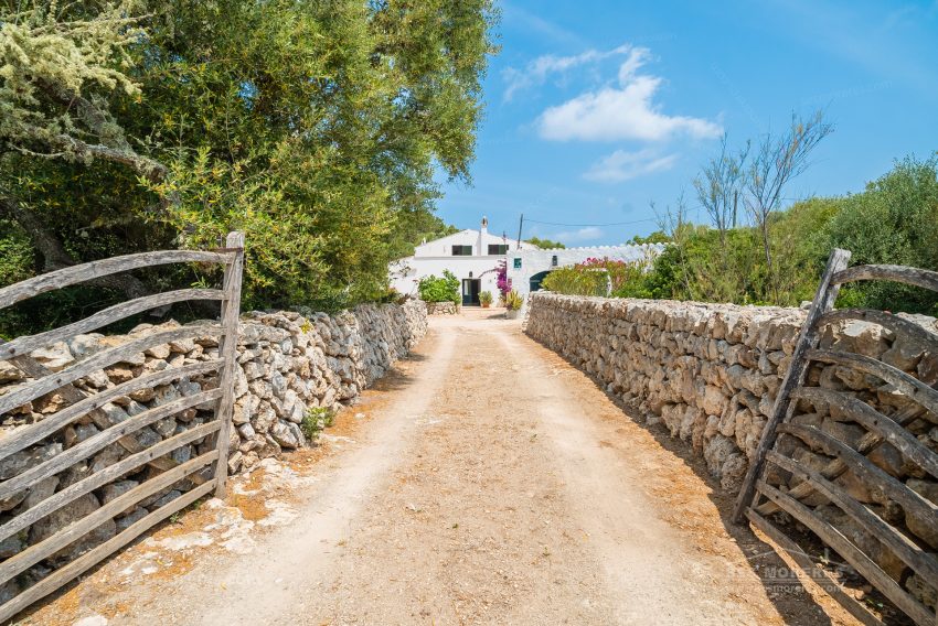 Camino de acceso a una finca menorquina entre muros de piedra seca y barreras de madera