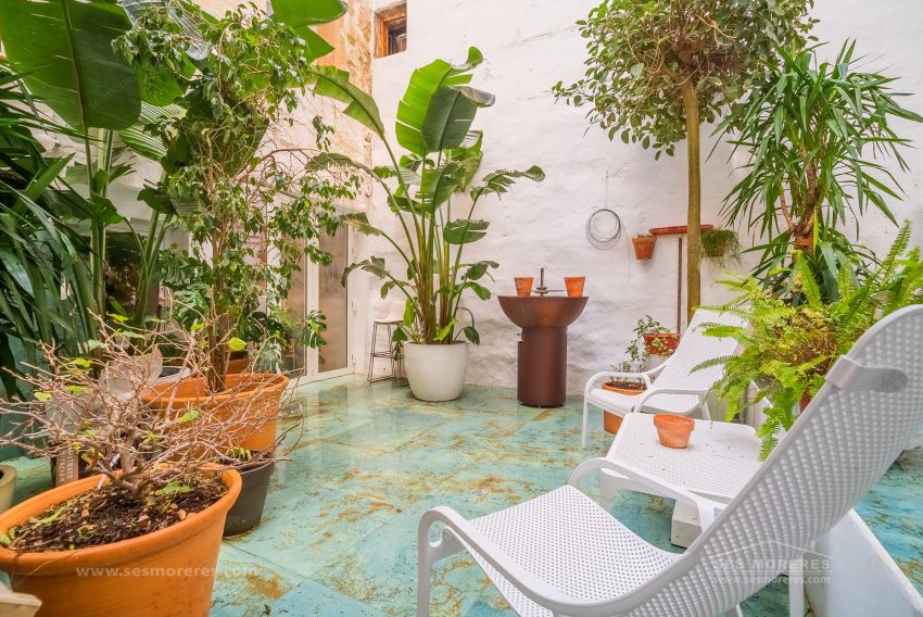 Rincón de patio en Menorca con abundantes plantas en macetas y una tumbona blanca