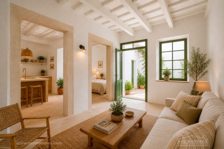 Salón luminoso con vigas blancas y puerta verde abierta hacia un patio con plantas