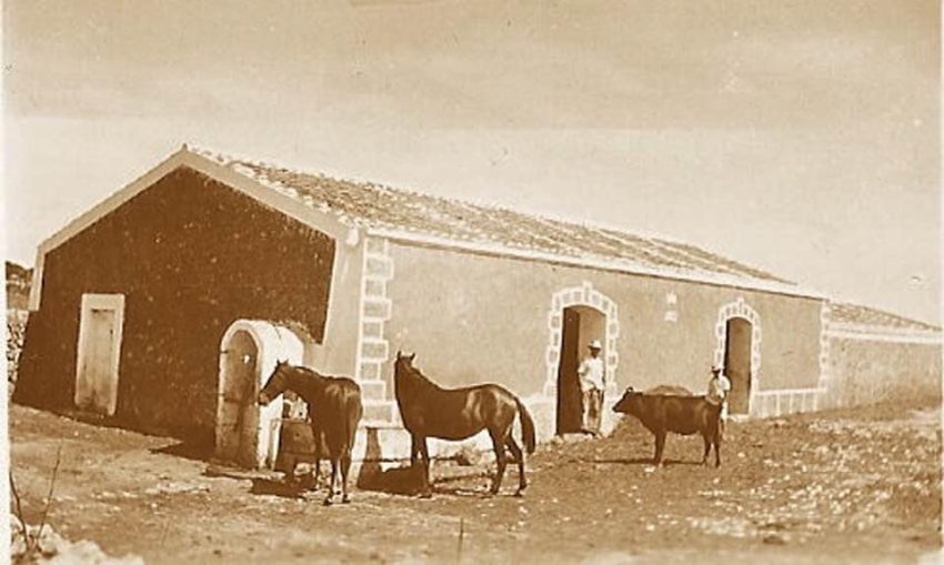 Photographie ancienne de personnes et d’animaux près d’un bâtiment rural à Minorque