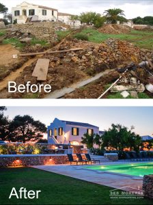 Real Photos – Before and After Our Renovation Facade and pool of a rustic farmhouse. Before and After – Exclusive Renovation by Ses Moreres.