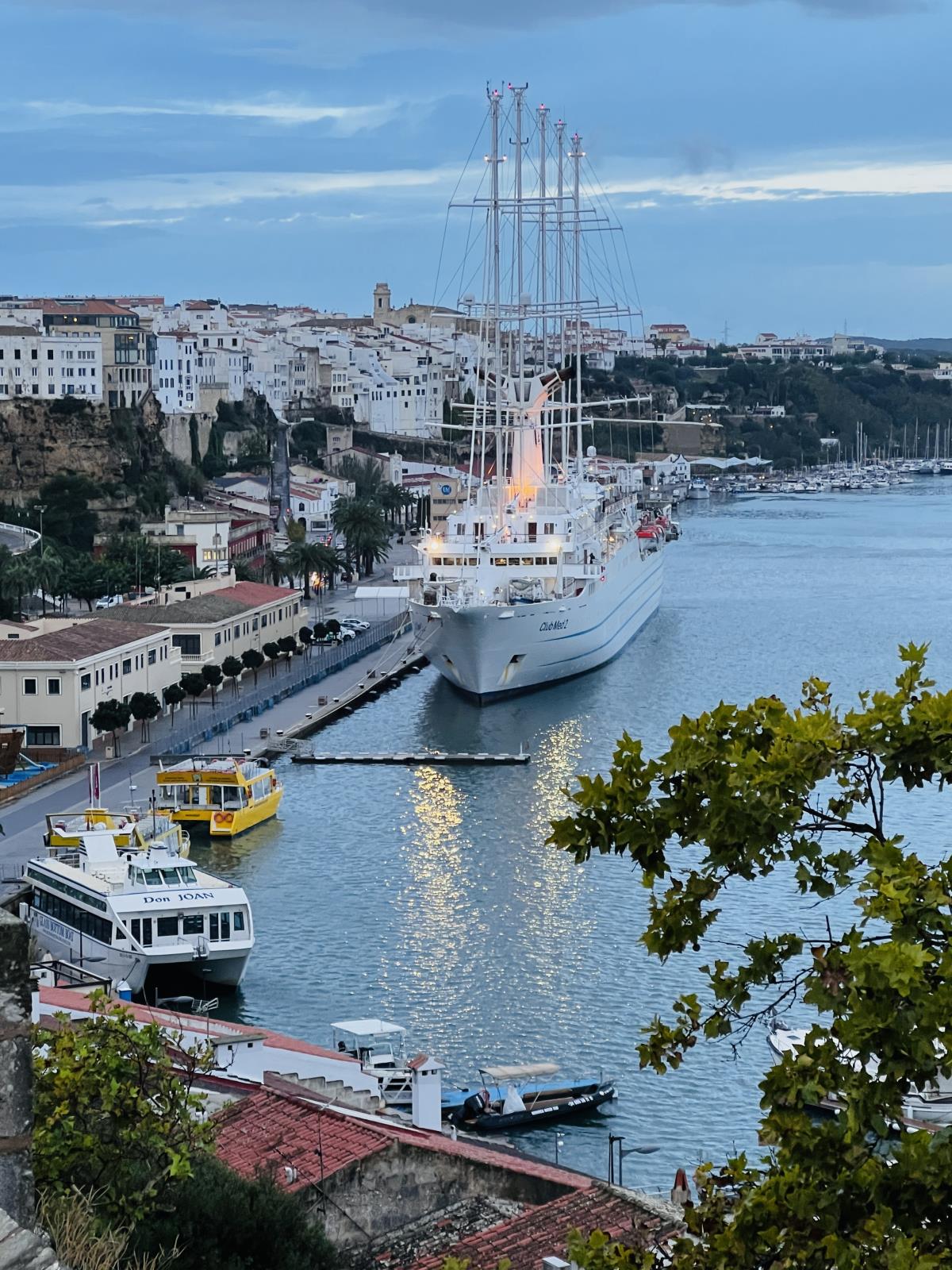 Mahón harbour with boats and the town rising above the waterfront