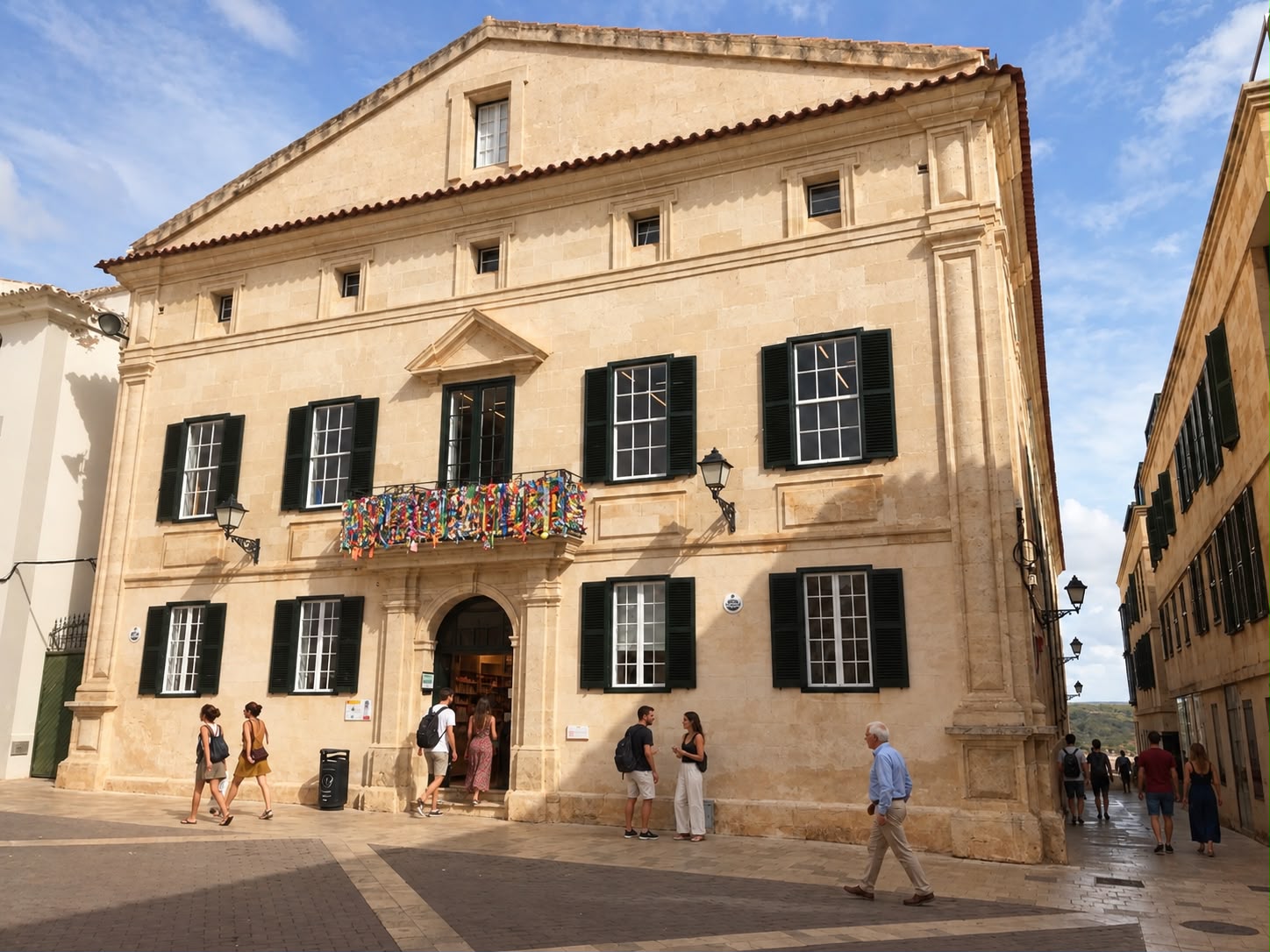 Stone façade with green shutters and people walking along a street in Menorca